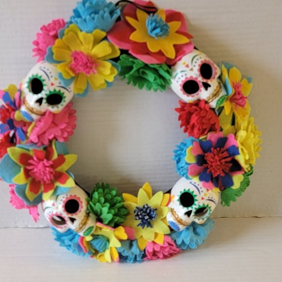 Folk Wall Art Wreath Display Day of The Dead Skull Flower Floral round colorful - Picture 1 of 9